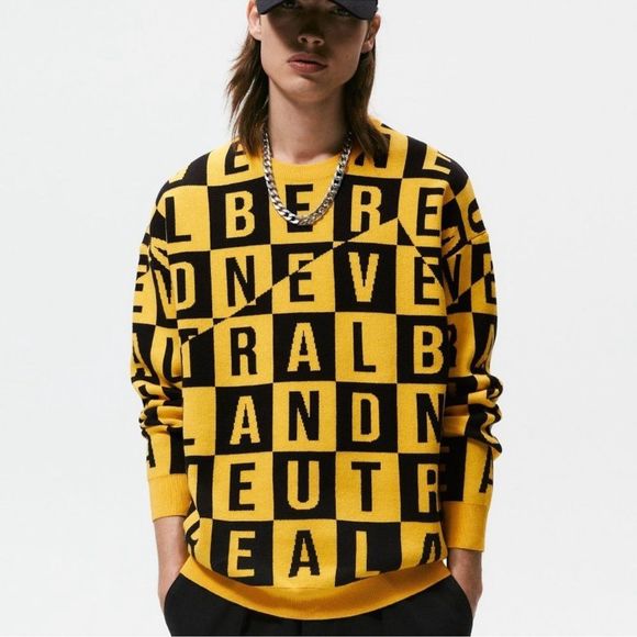 NWOT ZARA LETTER JACQUARD SWEATER SIZE Medium Yellow - Picture 3 of 6